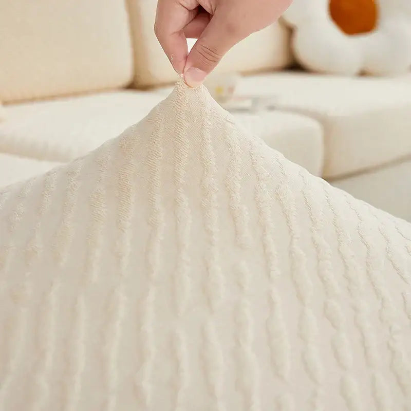Cream jacquard l sofa seat cover in cream color with stretchy ribbed texture for living room sofa cover use