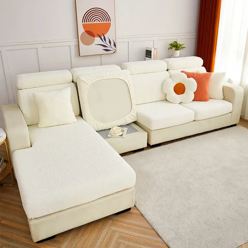 Cream jacquard l sofa seat cover made of textured fabric snugly fits l-shaped sectional couch as sofa cover