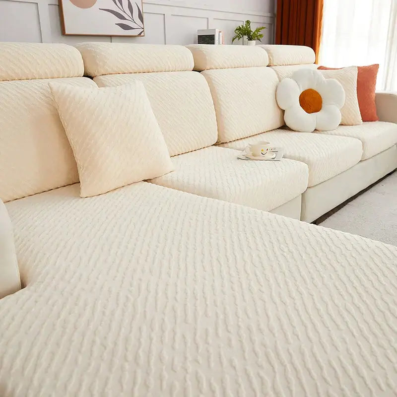 Cream jacquard l sofa jacquard l sofa seat cover in cream textured fabric with ribbed pattern for living room use