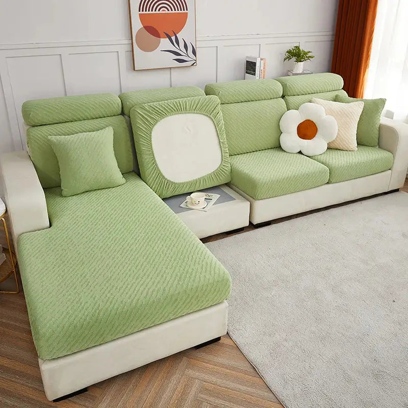Light green corduroy sofa cover with white circular patch on backrest for cream jacquard l sofa seat cover living room use