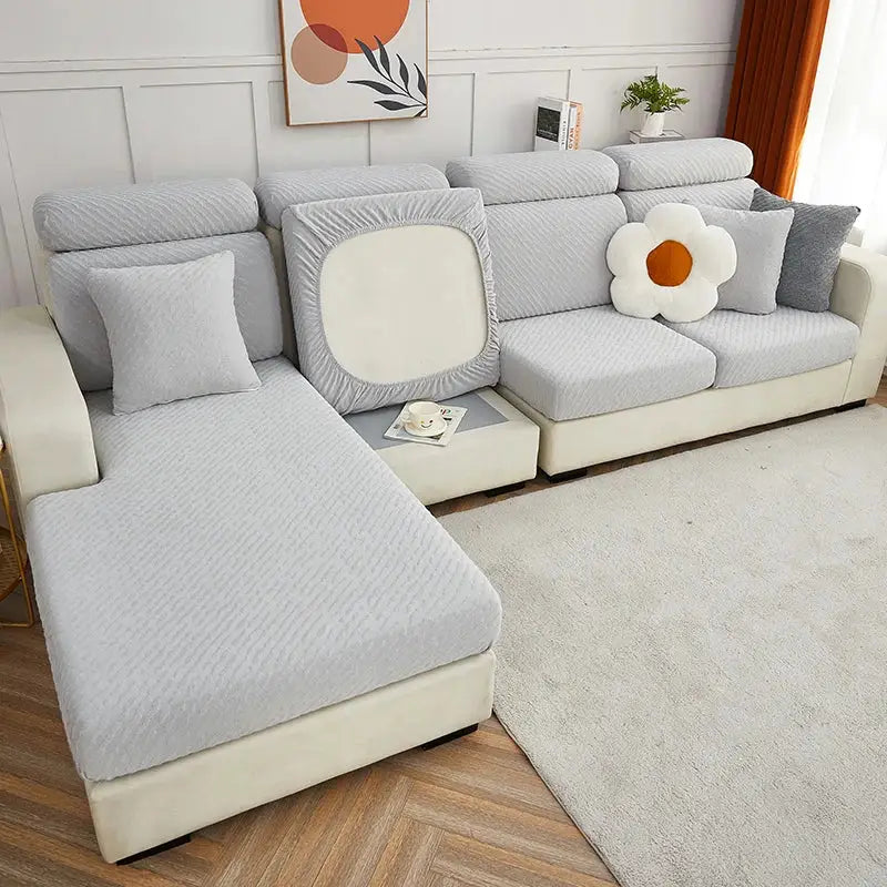 Light gray textured jacquard l sofa cover with quilted pattern and elastic edges for living room sofa seat cover
