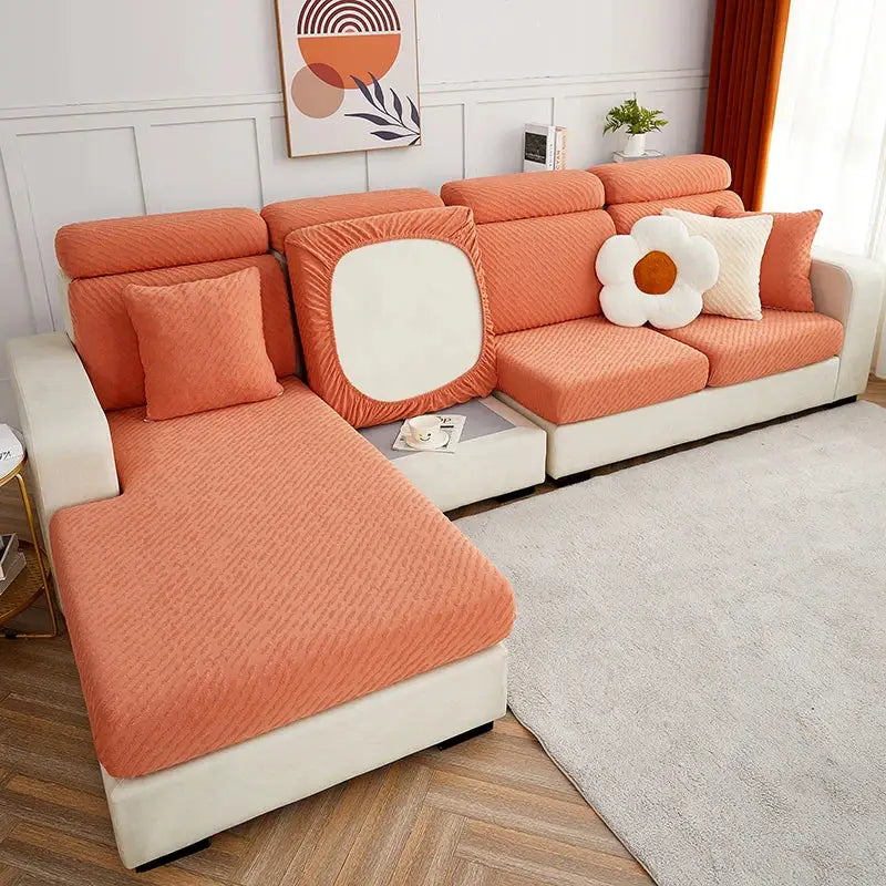 Orange textured jacquard l sofa cover with white circular accent on backrest for living room sofa seat cover