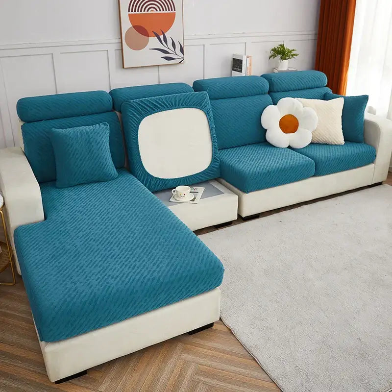 Teal textured fabric sofa seat cover with white square cutout on backrest for cream jacquard l sofa living room use