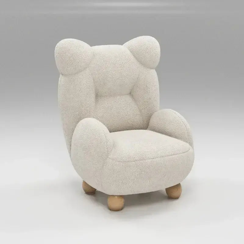 Cream kids lamb velvet plush sofa chair shaped like a teddy bear with cream color and wooden legs for bedroom seating