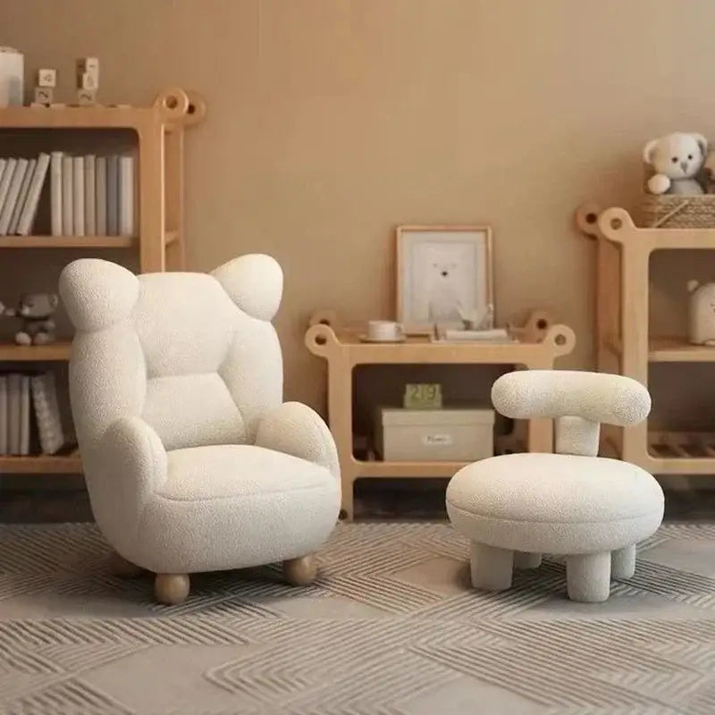 Cream kids lamb velvet sofa chair shaped like a plush teddy bear with rounded ears and wooden ball feet for bedroom decorbites kids lamb decor