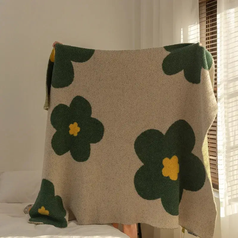 Cream korean kawaii flower blanket beige knit plush throw with bold green and yellow floral decorbites design
