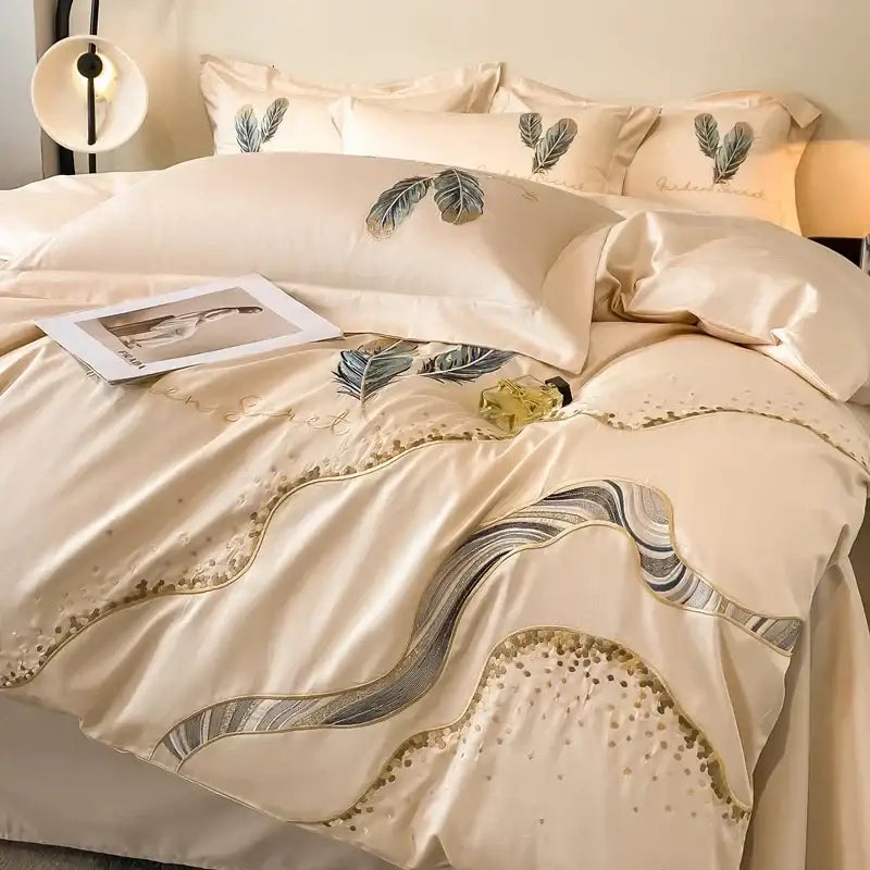 Cream-colored satin duvet cover with metallic silver gold and gray decorbites cotton embroidery bed linens design