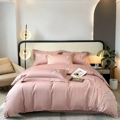 Pink satin bed linens set with delicate silver cotton embroidery leaf and vine patterns for bedroom decorbites decor