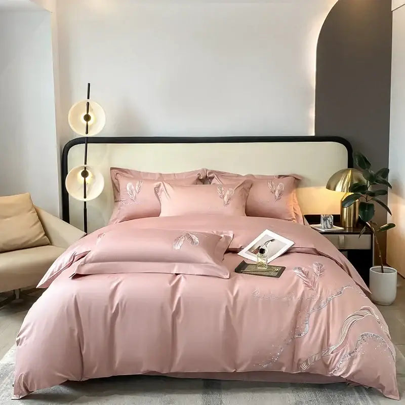 Pink satin bed linens set with delicate silver cotton embroidery leaf and vine patterns for bedroom decorbites decor