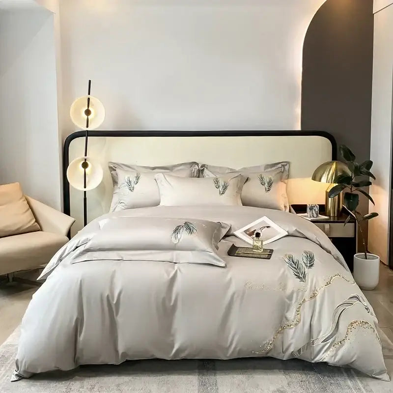 Silk-like gray cotton embroidery bed linens set with delicate leaf design and subtle gold thread for bedroom decorbites decor