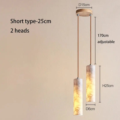 Cream marble cylinder pendant light with wooden mount and adjustable copper cords for luxury bedroom and bar decorbites cream marble