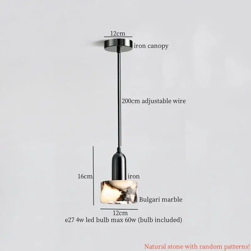 Black iron cream marble led pendant light with 12cm canopy and natural bulgari marble base for bedroom decorbites decor