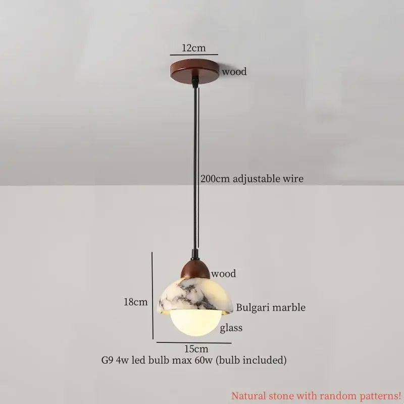 Cream marble led pendant light with Bulgar marble glass shade and wooden fixtures for bedroom decorbites cream marble design