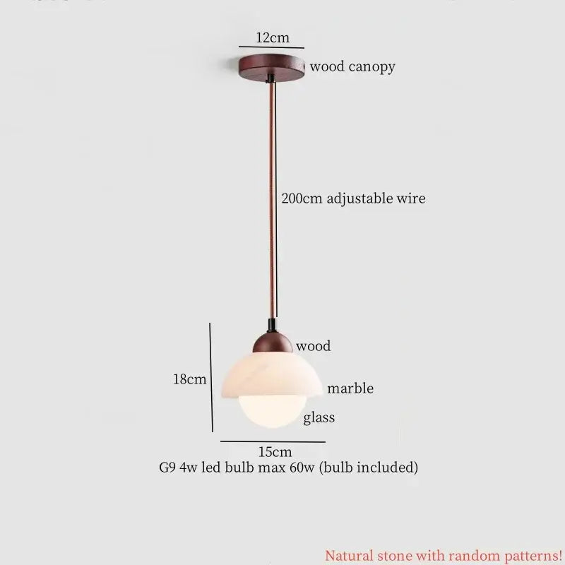A modern decorbites cream marble led pendant light with bronze wood canopy and marble glass shade for bedroom decor