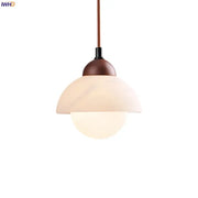 Warm-toned cream marble led pendant light with matte brown wooden top and frosted glass shades by decorbites for bedroom decor