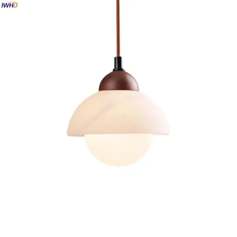 Warm-toned cream marble led pendant light with matte brown wooden top and frosted glass shades by decorbites for bedroom decor