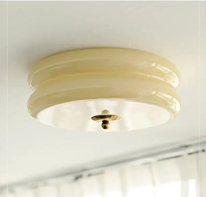 Cream medieval glass ceiling lamp with glossy cream ceramic rings and brass-toned fixture for living room decorbites ceiling lamp
