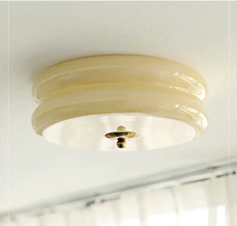 Cream medieval glass ceiling lamp with glossy cream ceramic rings and brass-toned fixture for living room decorbites ceiling lamp