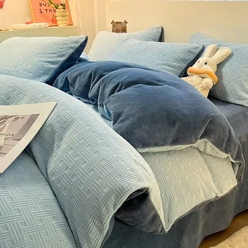Blue velvet duvet cover set with subtle woven pattern and matching pillows for a cozy bedroom bedding cover set