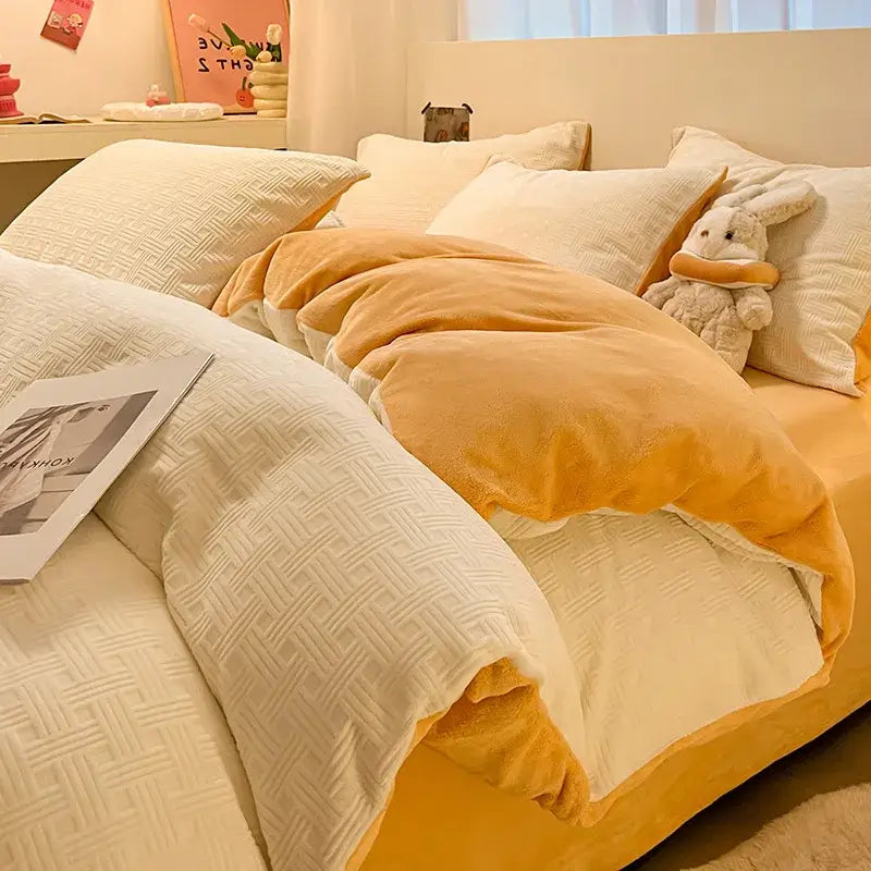 Cream and mustard quilted duvet cover set with plush inner lining and textured pattern for cozy bedroom bedding