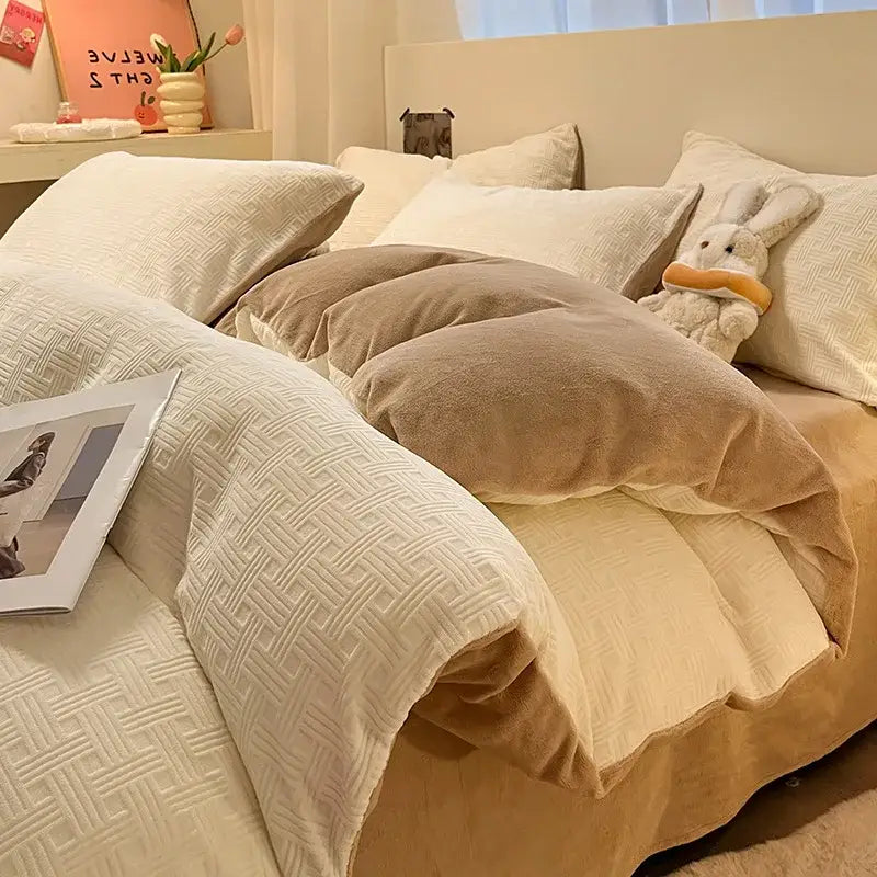 Cream colored quilted duvet cover set with soft textured weave and plush beige throw pillows for cozy bedding