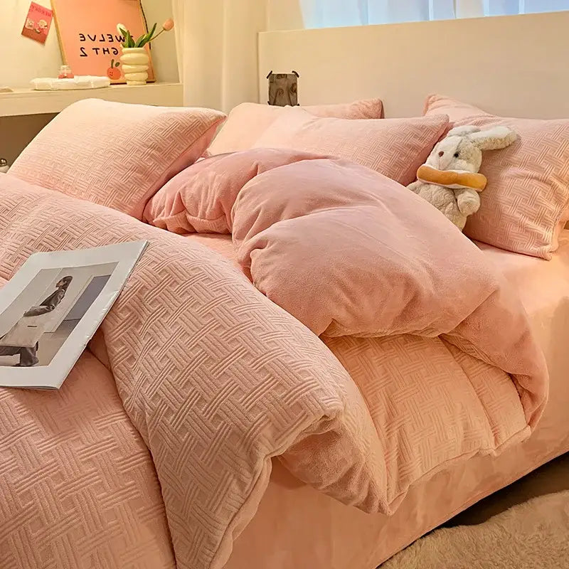 Soft blush pink plush duvet cover set with subtle woven texture for cozy bedroom bedding