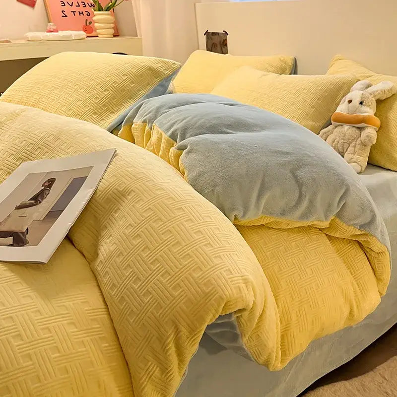 Cream and mustard quilted duvet cover set featuring a yellow and light blue two-tone woven texture for cozy bedding