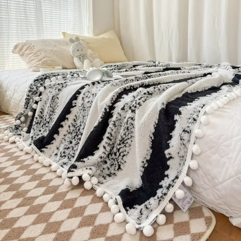 Black and white striped plush throw blanket with fluffy ball lace trim by decorbites jacquard fluffy for living room decor