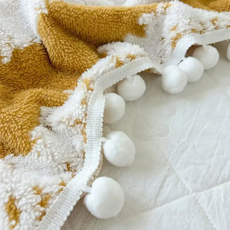 Cream and mustard yellow jacquard fluffy ball lace living room blanket with white pom-pom trim decorbites jacquard fluffy