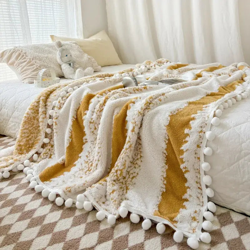 Cream and mustard yellow jacquard fluffy ball lace living room blanket with cozy fleece and pom-pom trim decorbites jacquard fluffy