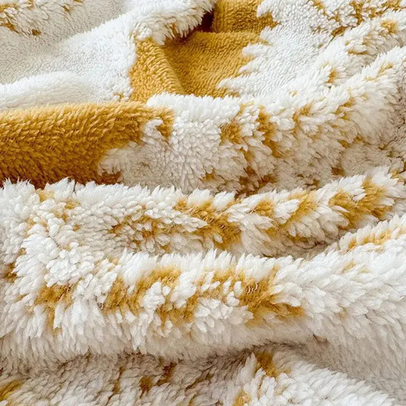 A cozy cream and mustard yellow decorbites jacquard fluffy ball lace living room throw blanket with soft pattern