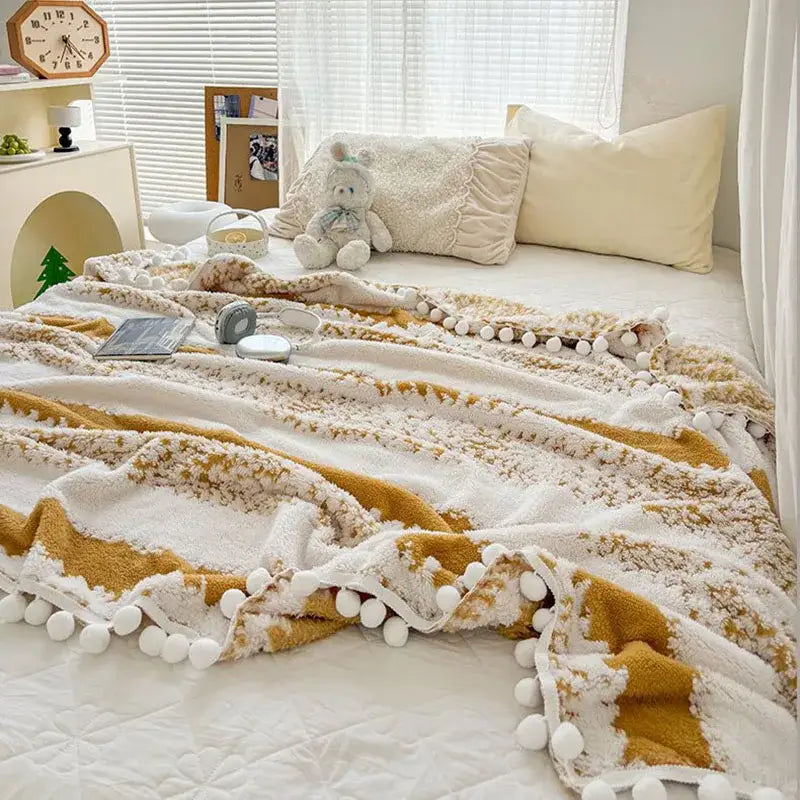 Cream and mustard yellow jacquard fluffy ball lace throw blanket with white pom-pom trim for cozy decorbites living room decor