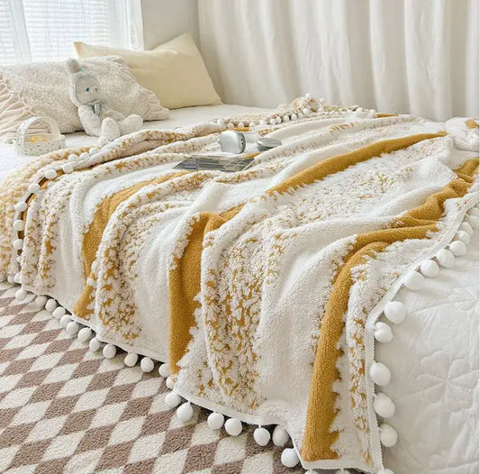 Cozy cream and mustard yellow jacquard fluffy ball lace throw blanket with white pom-pom trim for living room decorbites