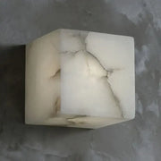 Cream onyx marble cube led wall sconce with natural veining and subtle cracks for bedroom lighting
