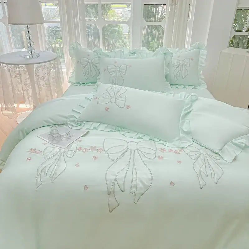 Mint green satin duvet set with embroidered silver bows pink heart accents featuring ice silk embroidered ruffles