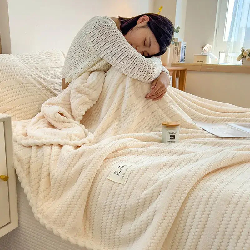 Cream plush double sided jacquard milk velvet blanket with soft cozy knit texture for bedroom throw use