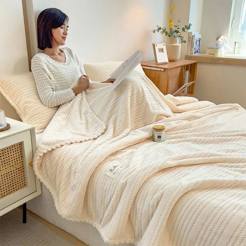 Cream plush double sided jacquard milk velvet blanket with soft cozy texture for bedroom throw and comfort