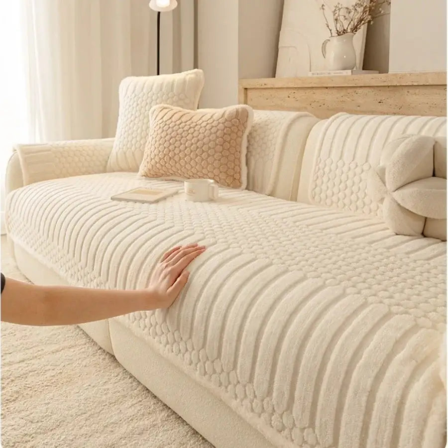 Cream plush loop yarn jacquard knit sofa slipcover with textured honeycomb pattern for living room sofas