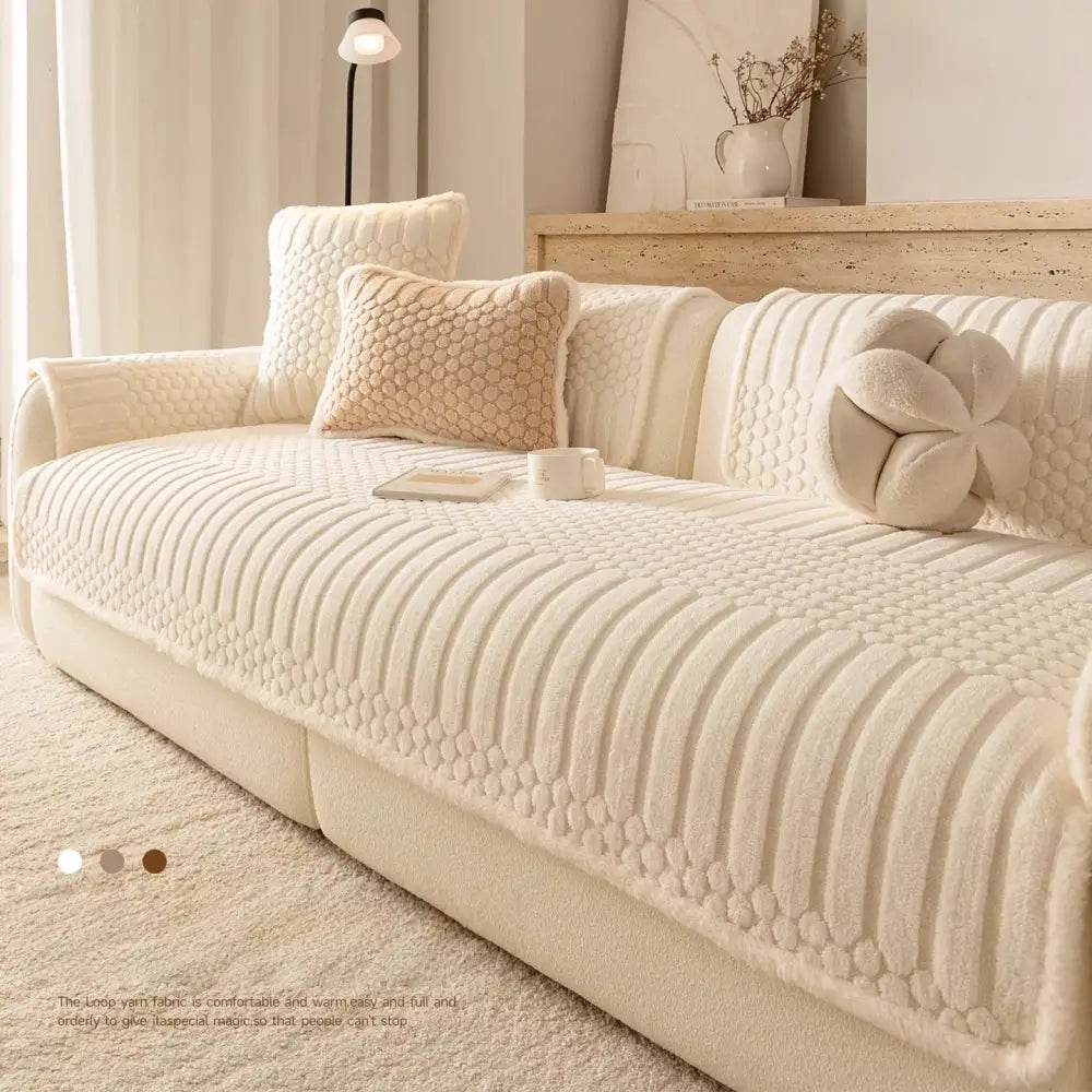 Cream plush loop yarn jacquard knit sofa slipcover with textured ribbed pattern for living room sofa protection