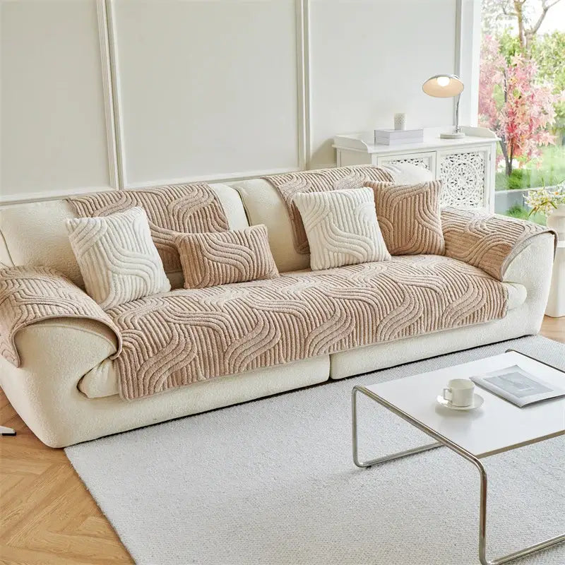 Cream quilted wave plush sofa cover in beige featuring a soft textured pattern for living room cushion use