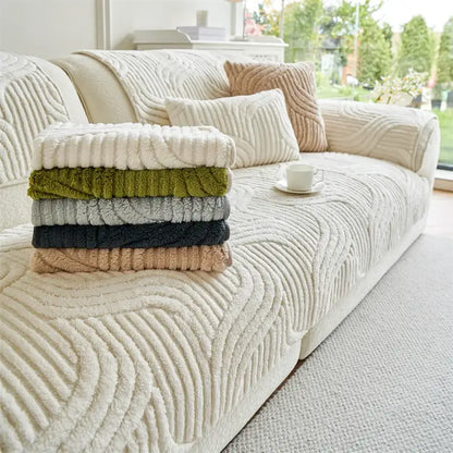 Stack of cream quilted wave plush sofa covers in textured cream olive green gray black and beige for living room cushions