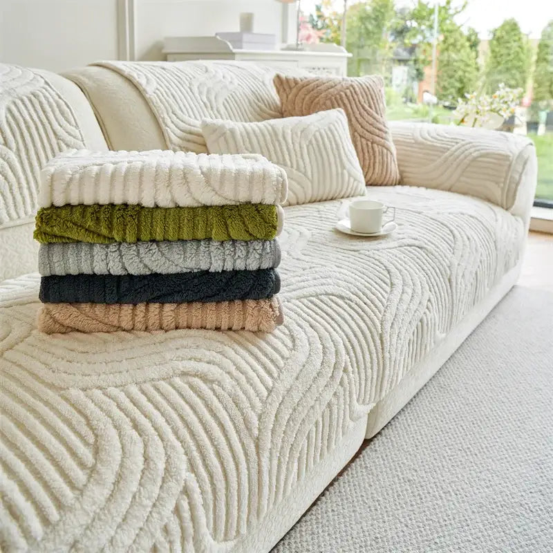 Stack of cream quilted wave plush sofa covers in textured cream olive green gray black and beige for living room cushions