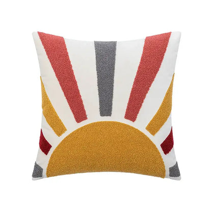 Cream rainbow cartoon abstract embroidery cushion cover with textured red yellow and gray sun design for living room decorbites cartoon abstract decor