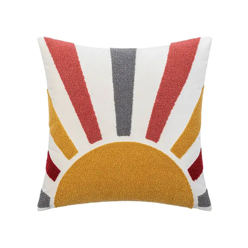 Cream rainbow cartoon abstract embroidery cushion cover with textured red yellow and gray sun design for living room decorbites cartoon abstract decor