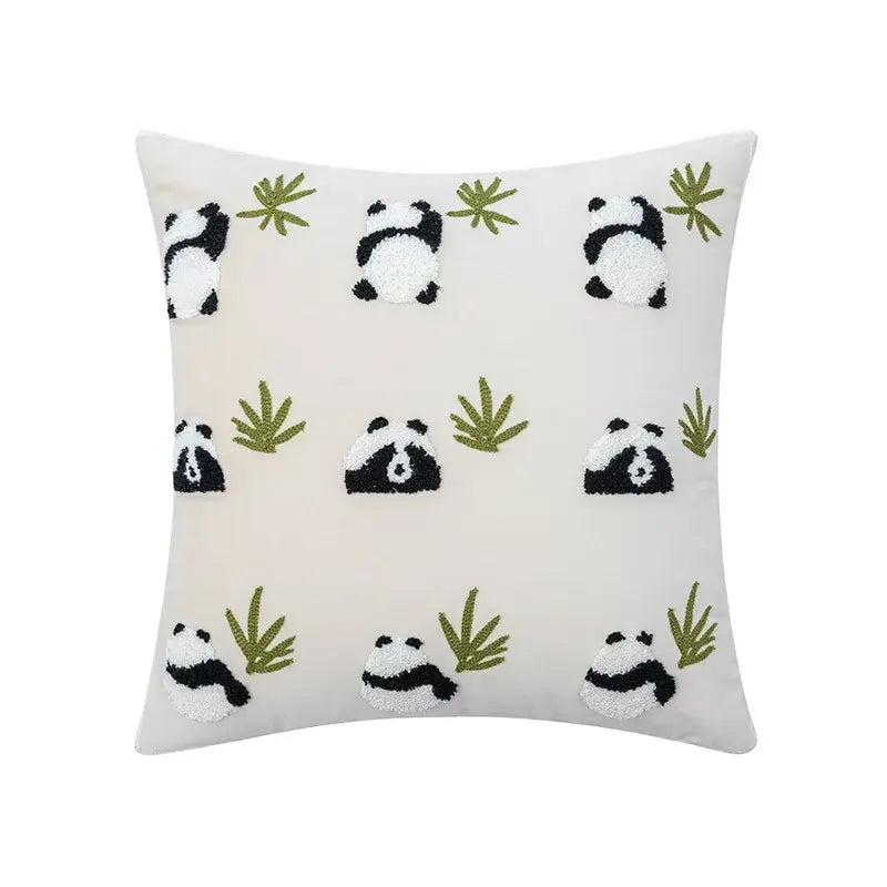 Cream rainbow cartoon abstract cushion cover with embroidered black and white pandas and green bamboo stalks decorbites cartoon abstract