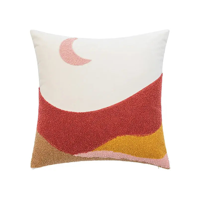 Cream rainbow cartoon abstract embroidery cushion cover with textured white and terracotta hills for living room decorbites