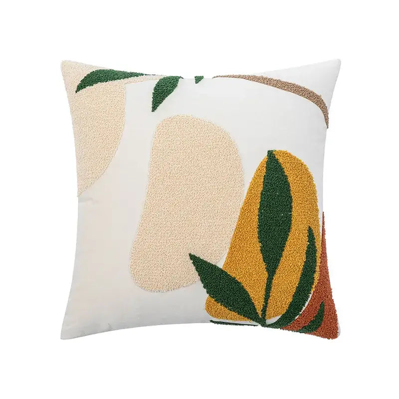 Cream rainbow cartoon abstract embroidery cushion cover featuring textured mango design in beige yellow and green tones for decorbites