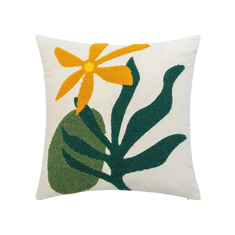Cream cushion cover with cartoon abstract embroidery of orange-yellow flower and dark green leaves for living room decorbites