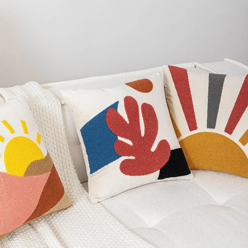 Cream white cushion cover with red blue black yellow orange textured cartoon abstract embroidery for living room decorbites