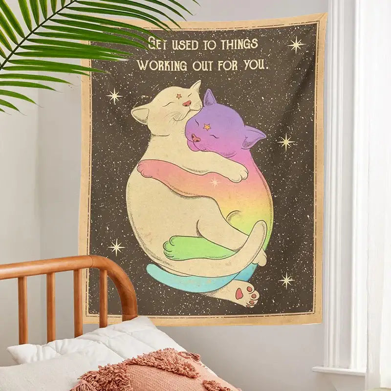 Cozy cream and rainbow cat tapestry tarot wall hanging decorbites cat tapestry with affectionate cats and inspirational phrase